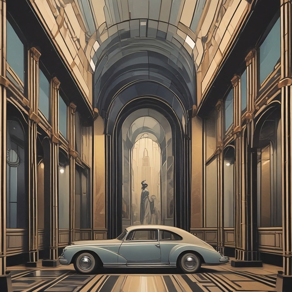 Vintage Car Art Print in Blue and Gold - Picture 1 of 1